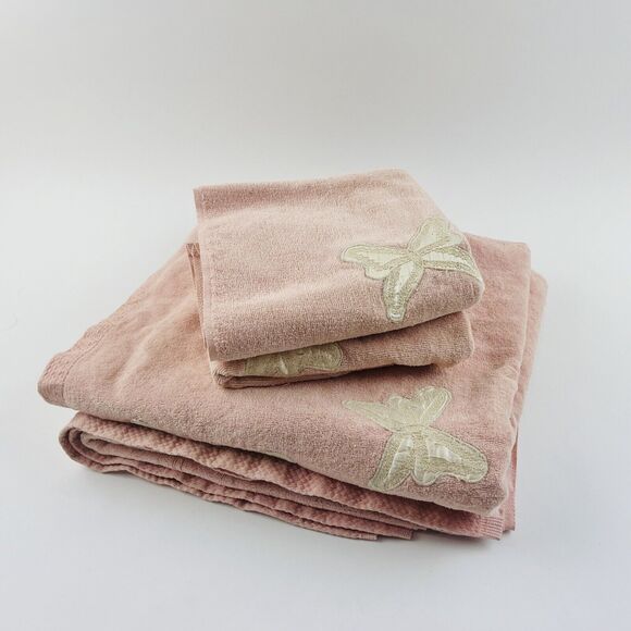 Vintage Avanti Pink Towel Set 4 Butterfly Satin Cream Ivory USA Body Bath Hand - Picture 1 of 8
